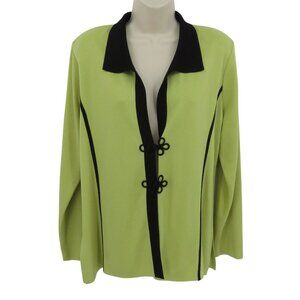 Exclusively Misook Women Medium Green Black Collared Two Button Cardigan Sweater